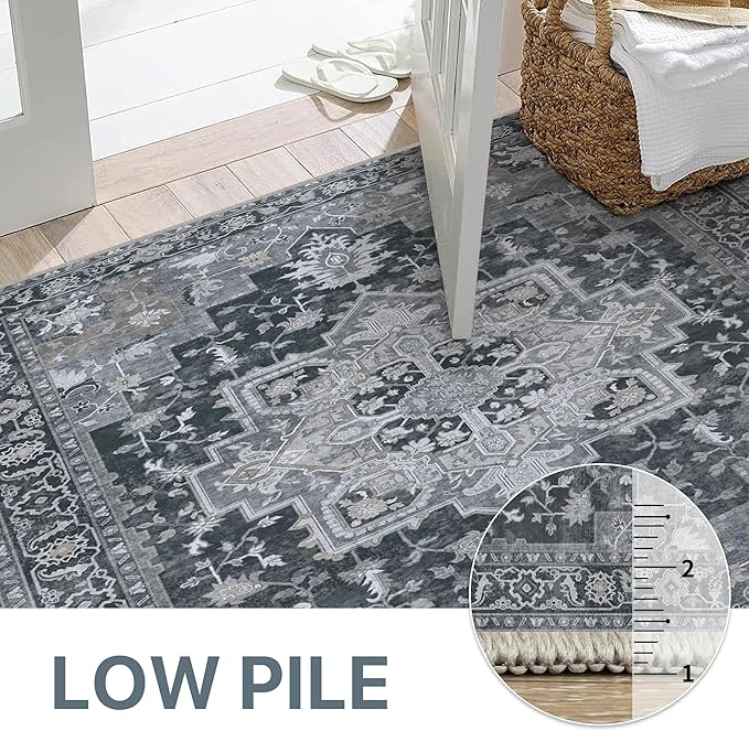 GENIMO 8x10 Area Rugs for Living Room, Machine Washable Non Slip Vintage Rugs, Low Pile Lightweight Chenille Print Rug for Bedroom, Dining Room, Home Office,Dark Gray