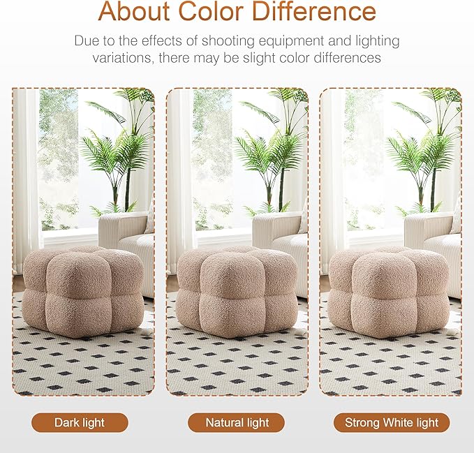 Zesthouse Square Pouf Ottoman, Modern Ottoman Coffee Table for Living Room, Fuzzy Sherpa Stool Foot Rest, Upholstered Tufted Stool for Couch, Tan