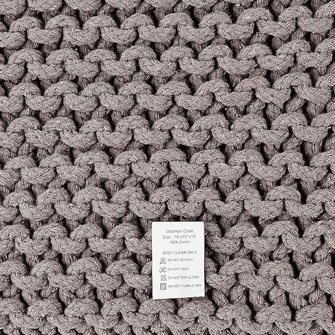 REDEARTH Cube Hand Knitted Pouf - Foot Stool Ottoman - Cord Boho Pouffe - Poof Accent Stuffed Table or Footrest for Living Room - Nursery - Bedroom - Patio - 100% Cotton (16" x 16" x 16") - Taupe