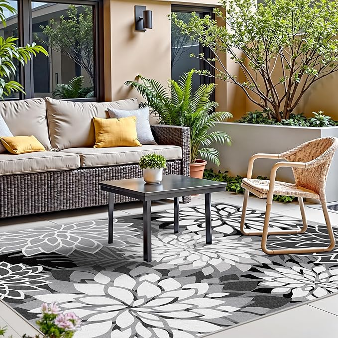 Indoor Outdoor Area Rug Washable Multicolored Rug Tropical Botanical Modern Floral Indoor Outdoor Carpet Black White Rug Non Slip Non Shedding for Patio, Deck, Backyard, Porch (6x9)