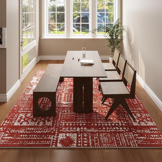 Rugcomf Living Room Rug 5x7 Rug Machine Washable Boho Area Rug Non Slip Moroccan Vintage Low Pile Large Rugs for Living Room, Bedroom, Farmhouse, Dining Room, Kids Playroom(Terracotta)