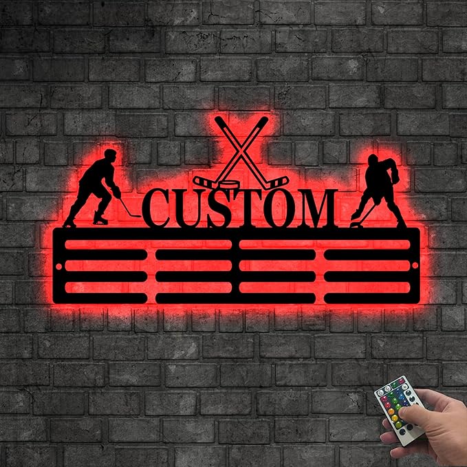 Personalized Hockey Medal Hanger Display - Custom Hockey Neon Sign, Led Light Up Sign, Medal Holder For Wall, Hockey Decor for Boys, Man Cave, Players, Coaches, Teen Gift