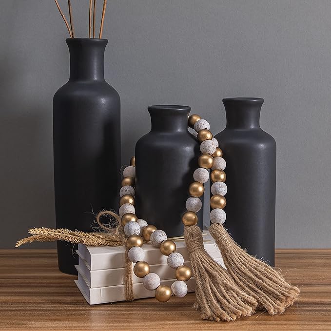 Wooden Bead Garland Decor, Farmhouse Boho Tassel Garland Wood Beads