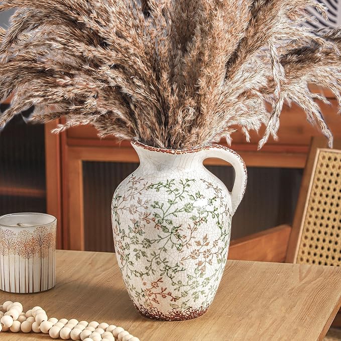 Enra Vintage vase,Ceramic Chinoiserie Floral Vase,Green and Beige Decorative Flower vase,Large Rustic Vases for Home Decors, Living Room, Bookshelf, Office，9.7 inch