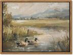 Floating Framed Canvas Wall Art, Vintage Mallard Duck Oil Paintings Print, Countryside Art Wildlife Nature Pond Wall Decor for Living Room, Bedroom, Office, Rustic Decor 16x24 inch