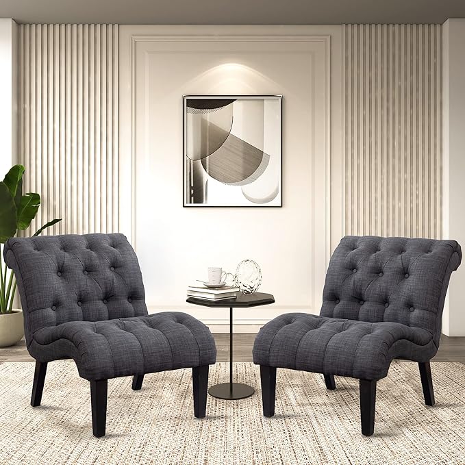 Yongqiang Accent Chairs Set of 2 Upholstered Living Room Bedroom Side Chairs Curved Button Tufted Armless Lounge Chair with Wood Legs Gray Fabric