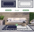 GENIMO 9' x 18' Outdoor Rug Waterproof for Patio, Foldable Reversible Plastic Straw Area Rugs Mat for Rv Decor, Outside Carpet for Camper, Deck, Picnic, Beach, Balcony, Porch, Blue & White