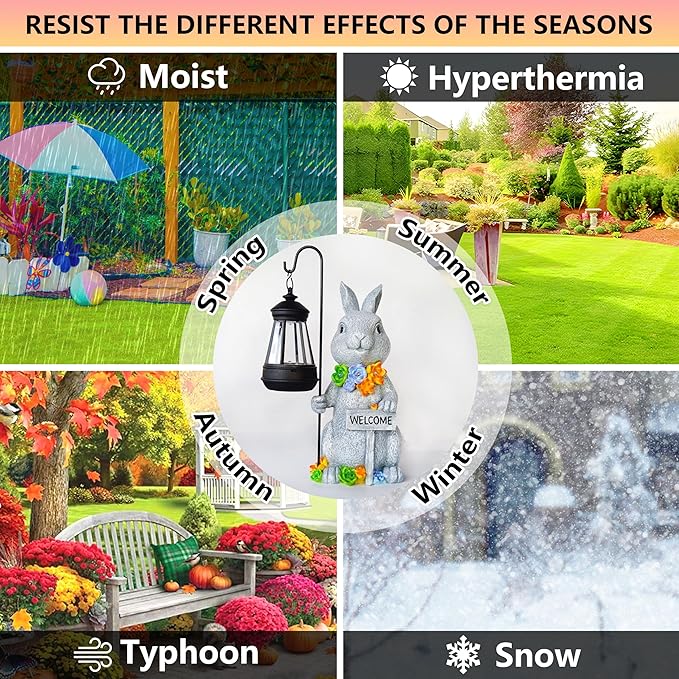 Rabbit Solar Lights Lantern Garden Statues with Succulent and 4 LED Lights - Outdoor Bunny Welcome Figurines Decorations for Patio Yard Lawn Ornaments Gifts for Birthday Easter Housewarming