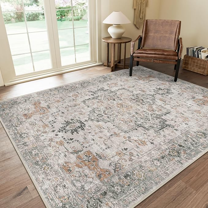 GENIMO 5x8 Area Rugs for Living Room, Machine Washable Low Pile Rugs, Chenille Non Slip Vintage Rug for Bedroom, Dining Room, Home Office, Light Taupe Brown