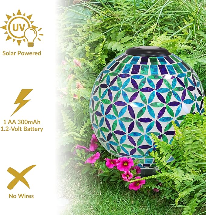 Sunnydaze 10 inch Solar Gazing Ball for Garden - Glass Outdoor Gazing Globe - Mosaic Cool Blooms