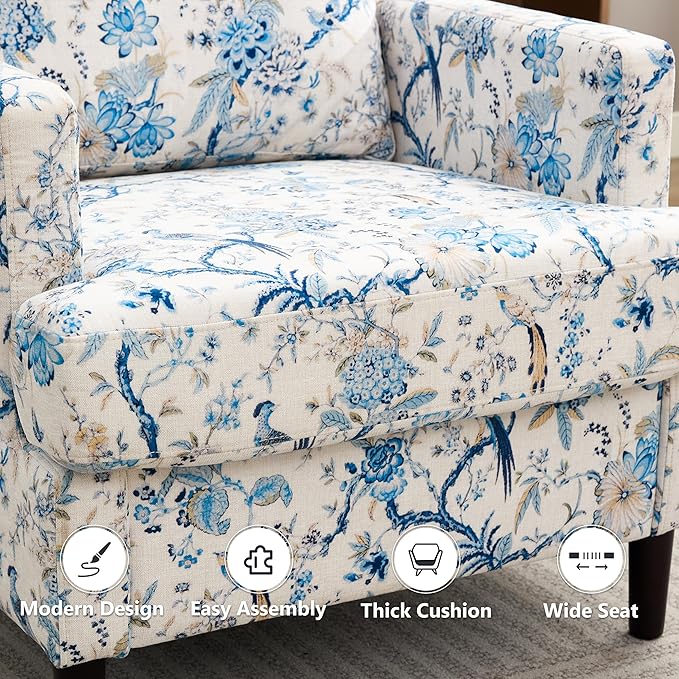 Mid-Century Accent Chair,Modern Linen Fabric Armchair for Living Room,Comfy Upholstered Reading Accent Chairs for Bedroom,Single Sofa Chair with Wood Legs (Blue Flowered Bird, 1 Pack)