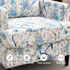 Mid-Century Accent Chair,Modern Linen Fabric Armchair for Living Room,Comfy Upholstered Reading Accent Chairs for Bedroom,Single Sofa Chair with Wood Legs (Blue Flowered Bird, 1 Pack)
