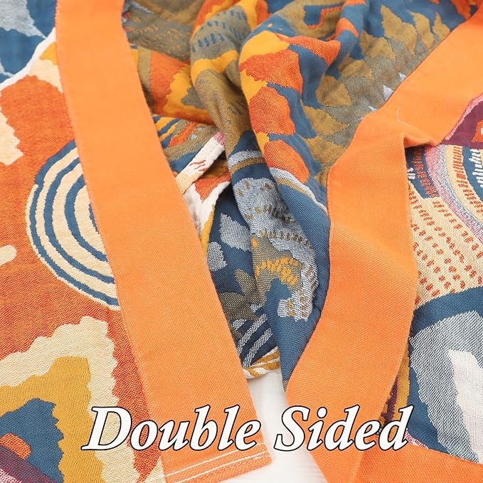 Snycler Boho Throw Blanket for Bed - 100% Cotton Ultra Soft Rustic Quilt Fall Blanket - Orange Floral Printed Farmhouse Decor Bed Blankets, 80"×90" All Season Rustic Throw for Sofa Couch Chair