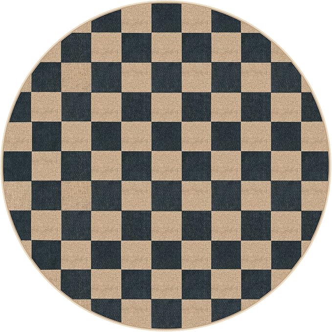 Lahome Checkered Round Rugs 6ft, Outdoor Patio Easy Jute Rug Indoor Outdoor Circle Carpet, Farmhouse Nature Non Shedding Non Slip Washable Black Carpet for Living Room Entry Deck