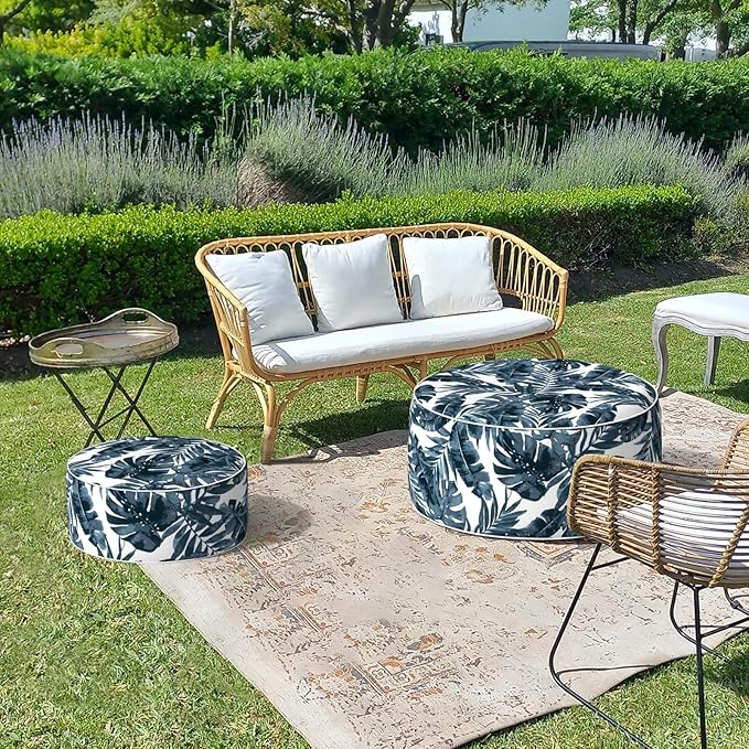 LVTXIII Outdoor/Indoor Inflatable Ottoman, 31"x31"x14" Patio Footrest Stool, Portable Round Pouf Ottoman for Patio Garden, Camping or Home Decoration, Palm Blue