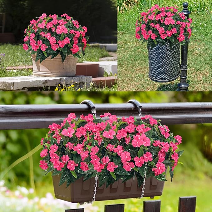 Artificial Impatiens Bouquet Flowers for Outdoors Silk Faux Flowers for Outdoor Impatiens Plants Decor Indoor Planters Kitchen Planters and Balcony Decorations 4PCS (Rose Red)