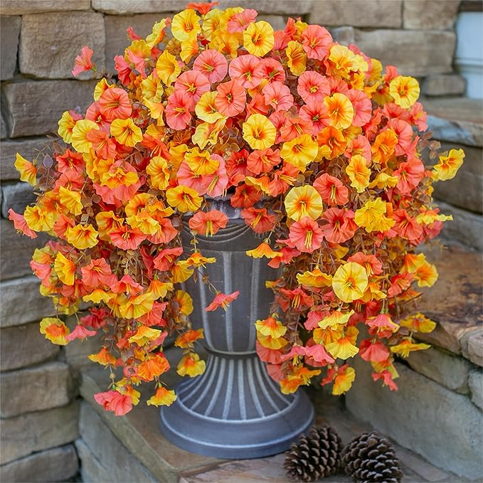 Ivydale 2 PCS Artificial Fall Hanging Flowers Fake Petunias Outdoor, Silk Faux Morning Glory Flowers with Eucalyptus,UV Resistant Realistic Mums Plants for Home Garden Decor (Fall Orange+Yellow)