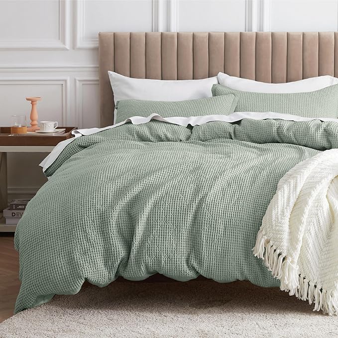 Bedsure Cotton Duvet Cover Queen - 100% Cotton Waffle Weave Sage Green Duvet Cover Queen Size, GentleSoft™ and Breathable Bedding Set for All Season, 3 Pieces, 90"x90"