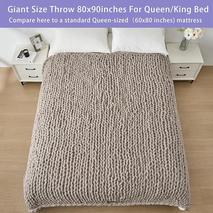 Bigacogo Chunky Knit Throw Blanket for Couch, 80x90 inches, 100% Hand Knitted with Thick Jumbo Chenille Yarn, Cozy Soft Large Rope Knot Cable Crochet Blankets for Sofa Bed Living Room, Taupe