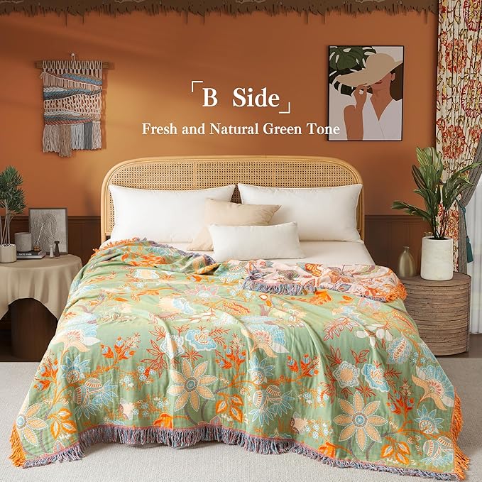 Boho Throw Blanket Twin Size, Soft Cozy Cotton Muslin Quilt Blanket for Bed Decor, Floral Patterned Couch Sofa Chair Cover, Vintage Farmhouse Cottage Tapestry Woven Blanket, Coral&Green