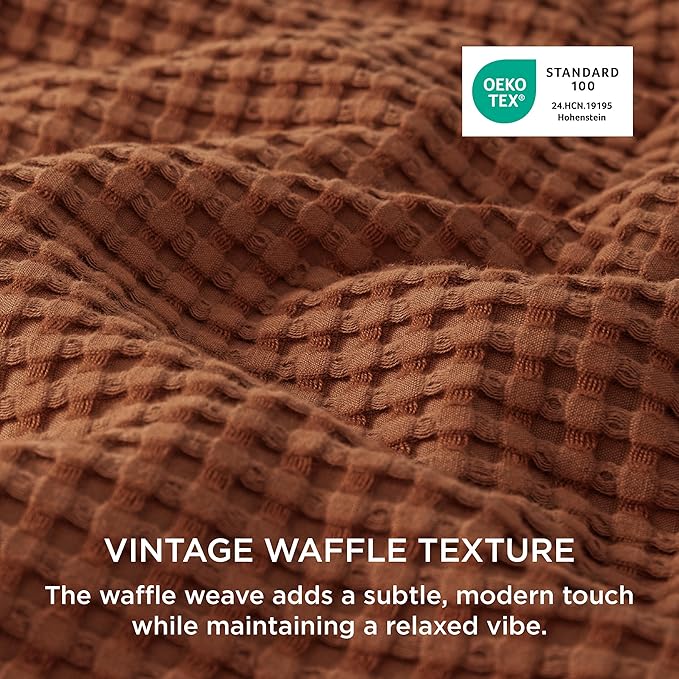 Bedsure Cooling Waffle Duvet Cover Queen - Cotton Blend Rayon Derived from Bamboo Duvet Cover Set for Hot Sleepers, Breathable Bedding Set With a Vintage Charm, 3 Pieces (Burnt Orange, Queen, 90"x90")