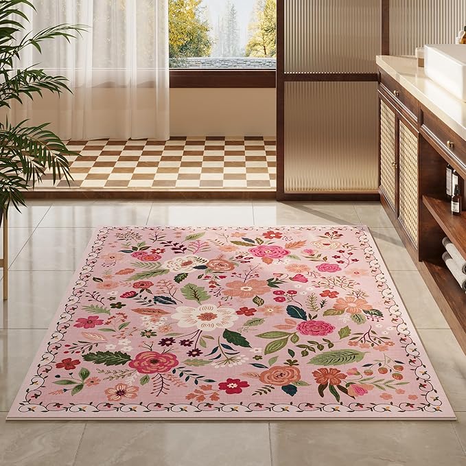 Area Rug 4x6 Rug Washable Boho Rugs Non Slip Low Pile Floral Small Carpet for Bedroom, Bedside, Kids Room, Office, Dining Room(Pink)