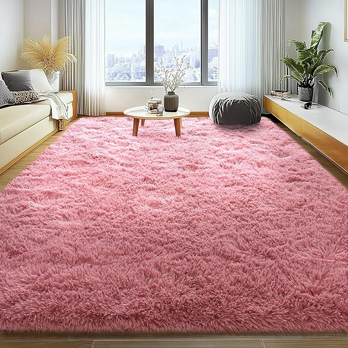 Large 8x10 Area Rugs for Living Room, Cameo Pink Soft Shag Rug for Bedroom, Non-Slip Ultra Fluffy Rug, Modern Plush Carpet for Girls Boys Kids Room Dorm, Fuzzy Rug for Home Decor Aesthetic