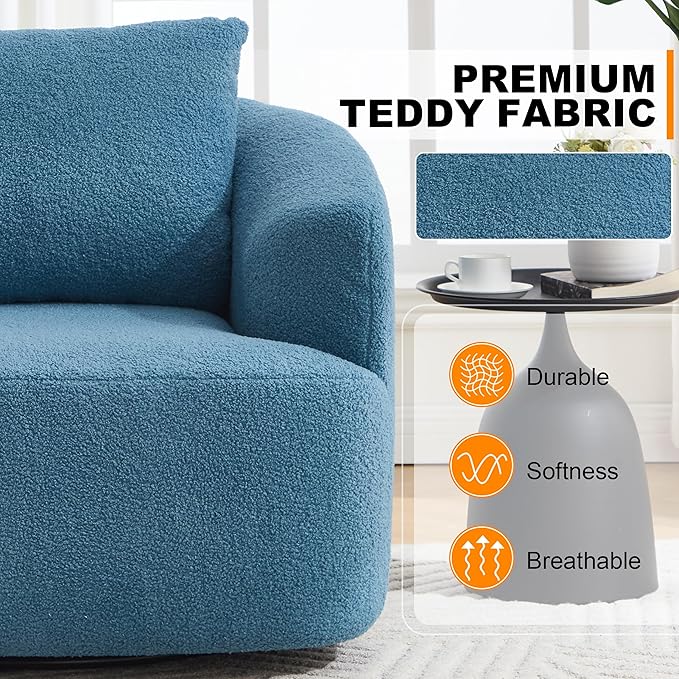 Luxlen Swivel Accent Chair with Pillow for Living Room, Teddy Fleece Upholstered Single Sofa, 360° Rotating Barrel Chair with Metal Base for Bedroom, Office, Apartment - Blue
