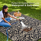 OLANLY Outdoor Rug Waterproof 6x9 ft Clearance, Reversible Outdoor Plastic Straw Rug with Floral Pattern, RV Mat for Patio, Camping, Balcony, Deck, Backyard, Black & Beige