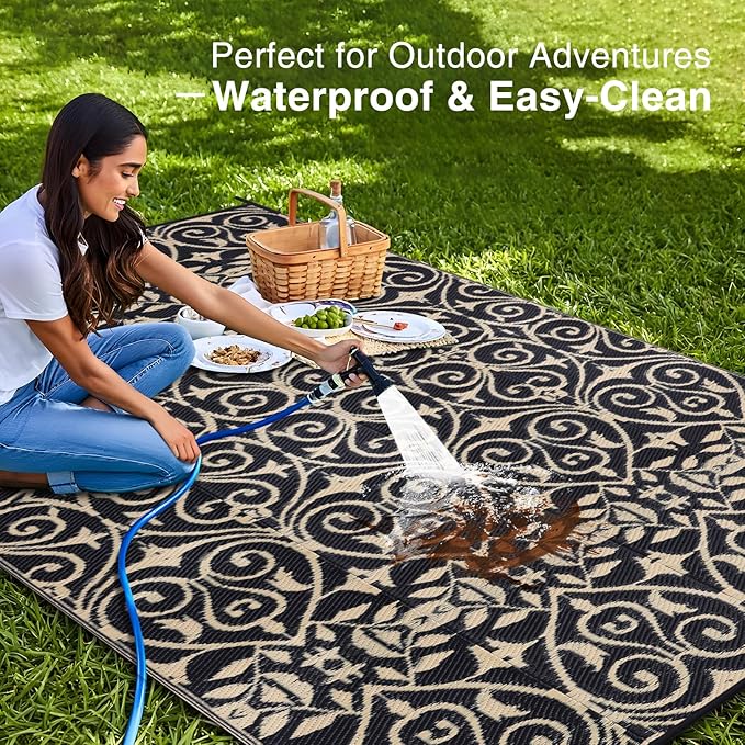 OLANLY Outdoor Rug Waterproof 9x12 ft Clearance, Reversible Outdoor Plastic Straw Rug with Floral Pattern, RV Mat for Patio, Camping, Balcony, Deck, Backyard, Black & Beige
