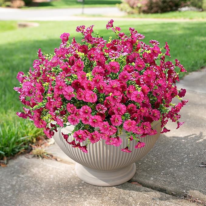 HyeFlora Artificial Flowers for Outdoors Fake Plants, 12 Bundles Faux Fuchsia Morning Glory UV Resistant Look Real Silk Flowers for Outside Planter Front Door Porch Patio Yard Fall Autumn Decoration