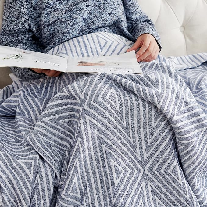 jinchan Boho 100% Cotton Blanket Muslin 50x60 Inches Lightweight 3-Layer Geometric Triangle Striped Pattern Reversible Quilt Throw Soft Breathable Comfy All Seasons for Couch Bed Decor, Blue