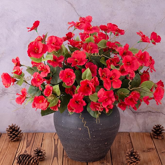 Hibiscus Artificial Flowers Plants for Outdoors Decoration, 6 Bundles Silk Hibiscus Bouquet Tropical Flowers Artificial Realistic UV Resistant Fake Flower for Outside Planter Porch Patio Balcony, Red