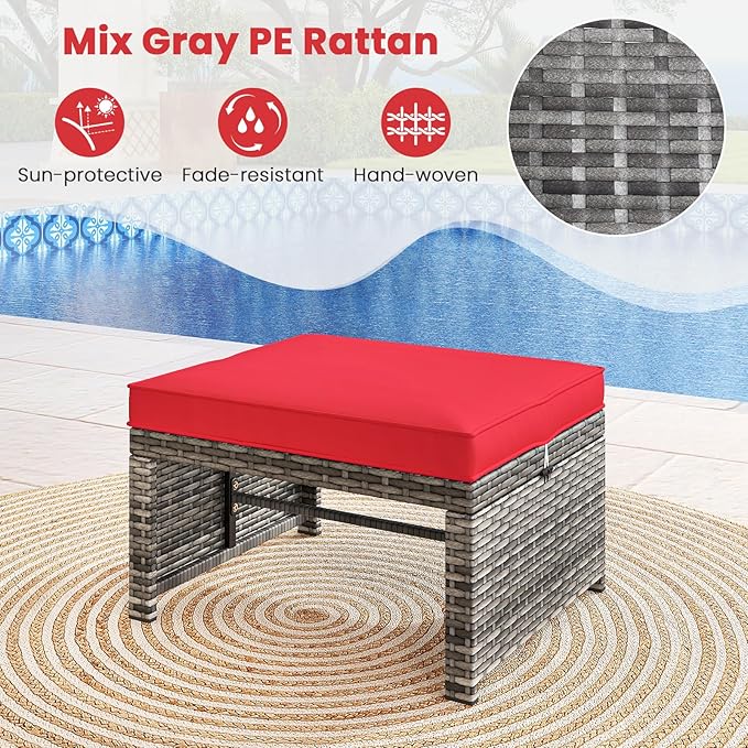 Tangkula 2 Pieces Patio PE Rattan Ottomans, Multipurpose Outdoor Footstool Footrest Additional Seating Side Table with Soft Zippered Cushions for Deck, Garden, and Yard (Red)