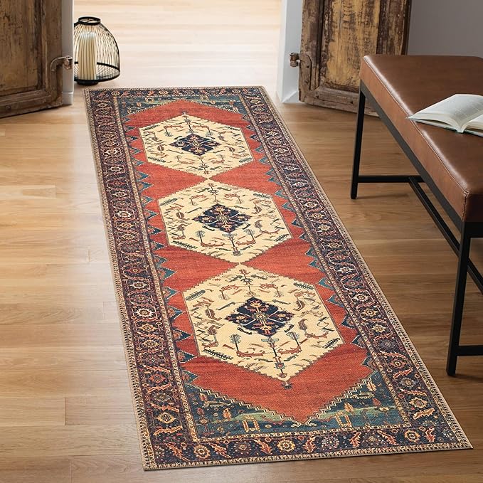 Keen Home Design 2x12 Rug - Machine Washable Runner with Non-Slip Backing, Ideal for Hallway, Entryway, Kitchen, Laundry Room - Vintage, Easy Clean, Durable, Low Pile Rug - (2'6" x 12')