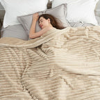 Amélie Home Faux Fur Throw Blanket for Couch, Cozy Fuzzy Fluffy Fur Luxurious Soft Striped Plush Gift Blankets for Family Sofa Chair Bed Living Room Bedroom, 60"x80", Beige