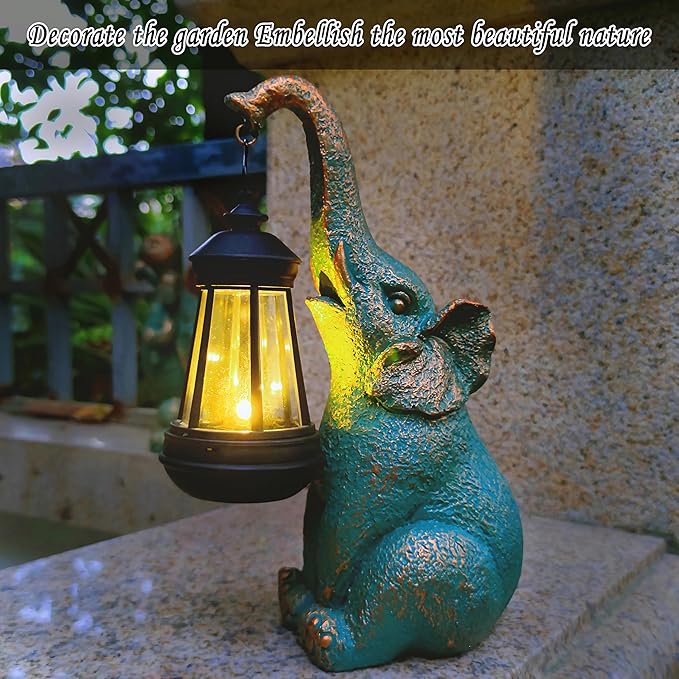 Elephant Garden Statue Outdoor Décor with Solar Lights Lantern,Elephant Solar Light Figurines Outside Decorations for Yard，Lawn Patio, Balcony, Unique Housewarming Gifts