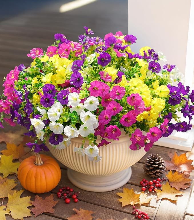 HyeFlora Artificial Flowers for Outdoors Fake Plants Outside Decoration, 12 Bundles Silk Colorful Morning Glory with Eucalyptus UV Resistant Realistic Faux Flowers for Planter Front Door Garden Yard