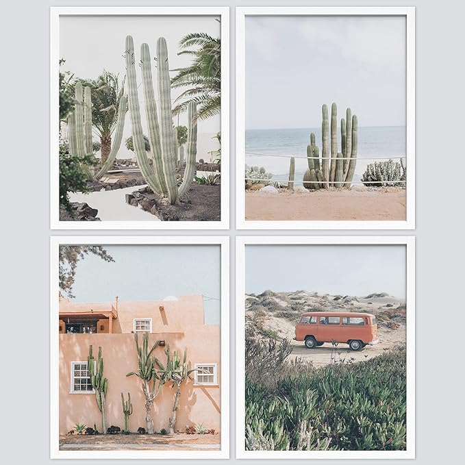 SIGNWIN Framed Cactus Desert Wall Art, Set of 4 Cactus Desert Wall Decor Prints, Nature Wilderness Wall Décor for Living Room, Bedroom - 8"x10"x 4 White