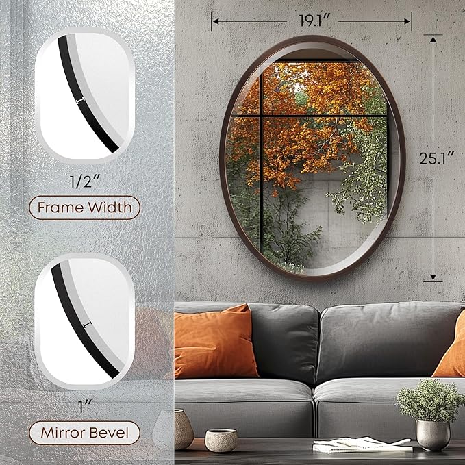 OVALCREST - Oval Wooden Beveled Wall Mirror for Home Decor, Bathroom, Vanity, Bedroom, Living Room, Hallway - London Style (Rubbed Bronze) 19.1 x 25.1