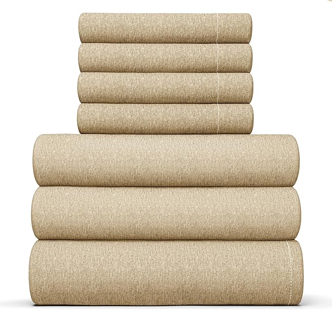 Split King Sheets Set 7 Piece - Includes 4 Pillowcases - Bed Sheets Split King - Soft Hotel Luxury Bedding - Cooling and Breathable - 1 Flat & 2 Fitted & 4 Pillowcases w/ Deep Pockets - Heathered Tan