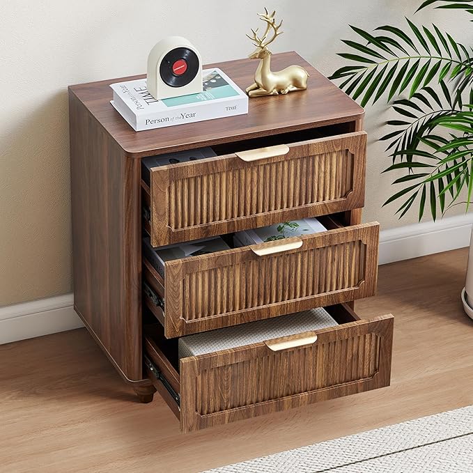 Fluted Nightstand Set 2 22.9'' Wood Nightstands with Drawers Bedside Table Set of 2 Mid Century Drawer Dresser for Bedroom Living Room Walnut