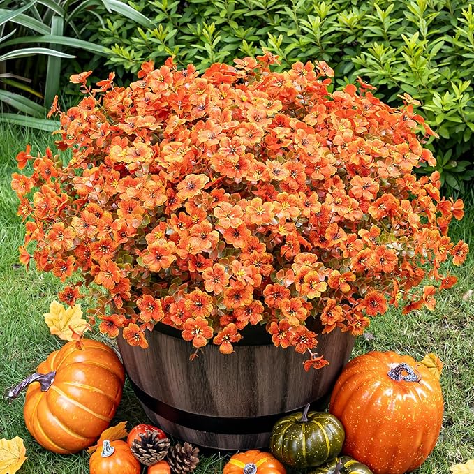 20 Bundles Artificial Fake Mums for Outdoor Fake Plants for Autumn Decoration,Faux Eucalyptus Flowers for Planter UV Resistant Lifelike for Home Porch Garden (Fall Orange)