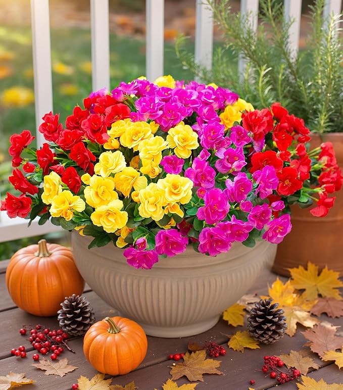 Ivydale Artificial Faux Flowers Plants for Outdoor Outside for Fall Decor,Fake Silk Colorful Camellia UV Resistant Look Real for Planter Pot Porch Patio Balcony Garden Yard Home, 3 Large Bundles