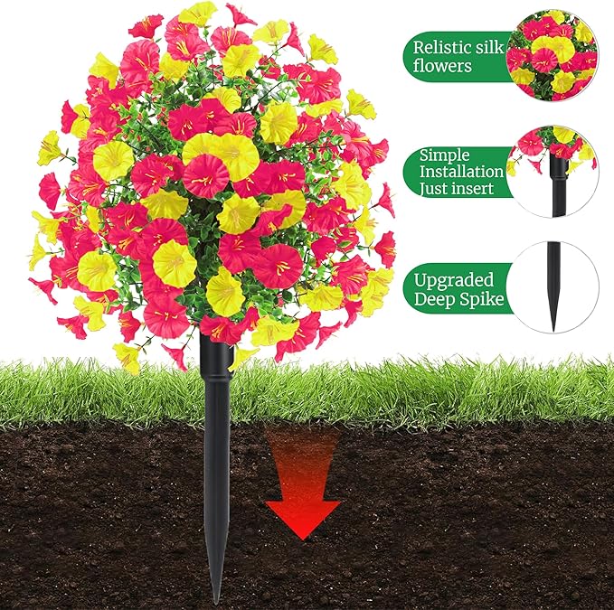 22.8" Set of 2 Fall artificial Boxwood topiary Ball tree for outdoors with Spike,UV Resistant Faux Shrubs Outdoor with morning glory flowers,Faux Plants Bushes for Garden Porch Yard Patio Decor YR