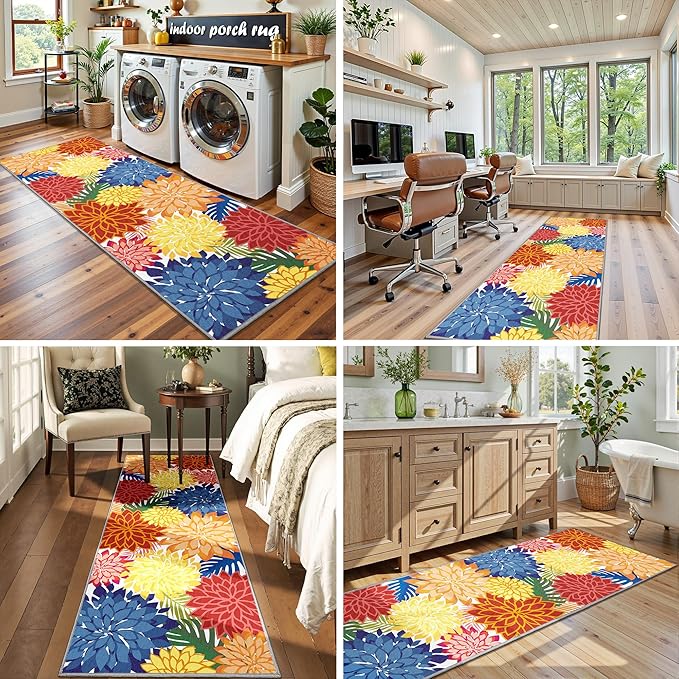Area Rug 2x6 Washable Entry Rug Multicolored Tropical Botanical Modern Floral Indoor Kitchen Door Mat Entrance Carpet Non Slip for Bedroom Living Room, Porch