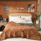 Boho Throw Blanket Full Size, Extra Large Soft Cozy Cotton Muslin Quilt Blanket for Bed Decor, Floral Patterned Couch Sofa Chair Cover, Vintage Farmhouse Cottage Woven Blanket, Green&Orange