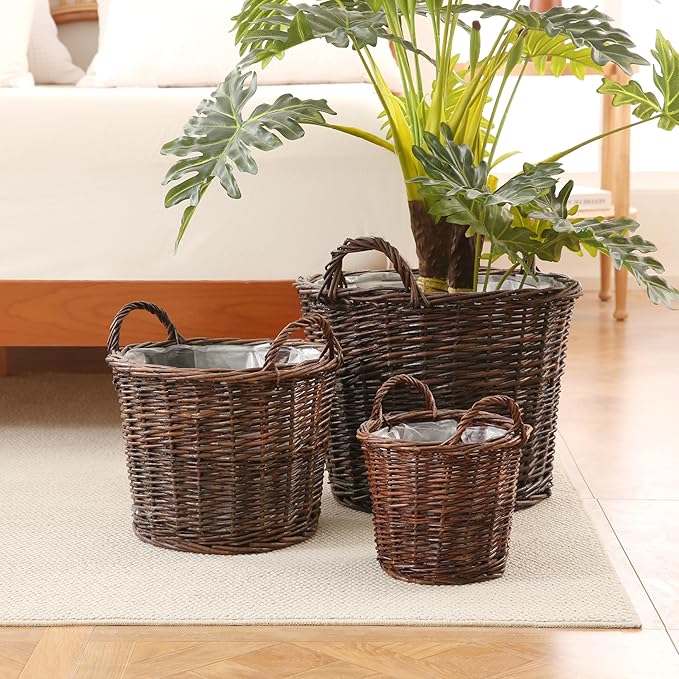Handwoven Red Willow Planter Basket with Waterproof Liner – Natural Brown Decorative Flower Pot Holder for Indoor Use - Small Size (Inner Top Ø 7", Inner Height 5.9")
