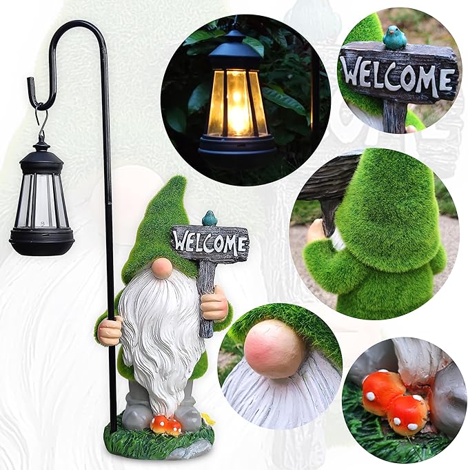 JOYBEE Garden Statues Gnome with Solar Lantern Outdoor Decor-Gnomes Solar Figurines Lights Decorations for Patio Yard Lawn Ornaments-Gifts for Women Mom Grandma