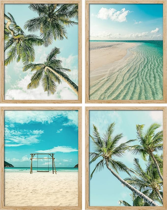 SIGNWIN Framed White Topical Teal Sky Palm Tree Beach Ocean Seaside Wall Art, Set of 4 Landscape Colorful Wall Decor Prints, Nature Wilderness Wall Décor for Living Room, Bedroom - 11"x14" Natural